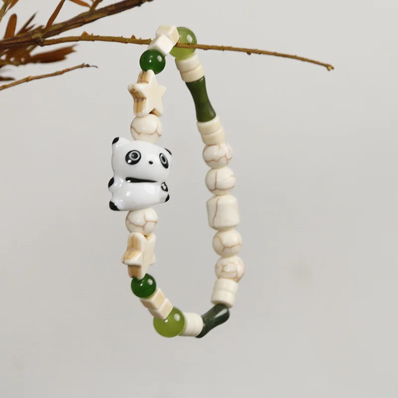 Chinese style Cute  Ceramic Panda Natural Turquoise Beaded Bracelet Fashion Jade  Bamboo Beads Bracelet for Men and Women