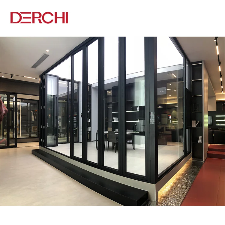 DERCHI NFRC Modern Design Aluminum Thermal Insulation Double Tempered Glazed Folding Door Triple Glass Bi-Folding Door