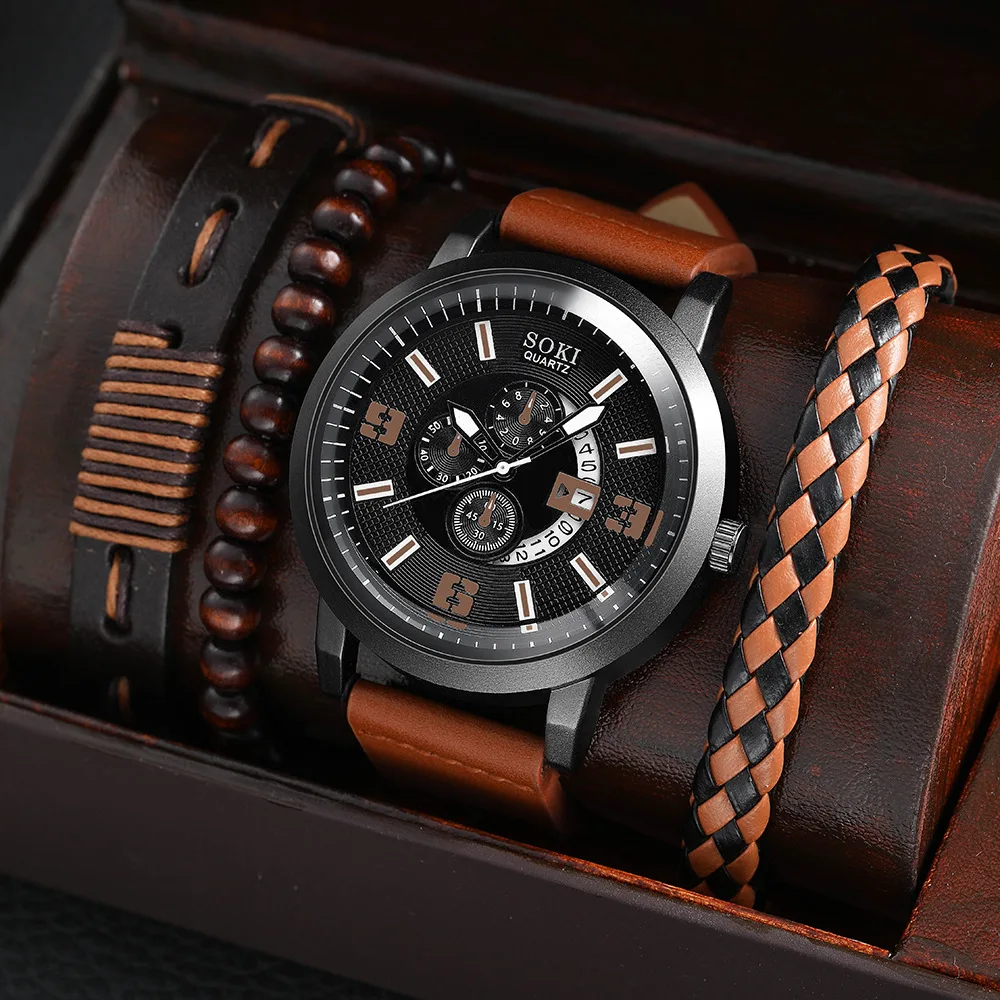 4 pcs/Set Casual Leather Strap Number Date Quartz Wristwatch Man Simple Sport Style Male Clock CC006
