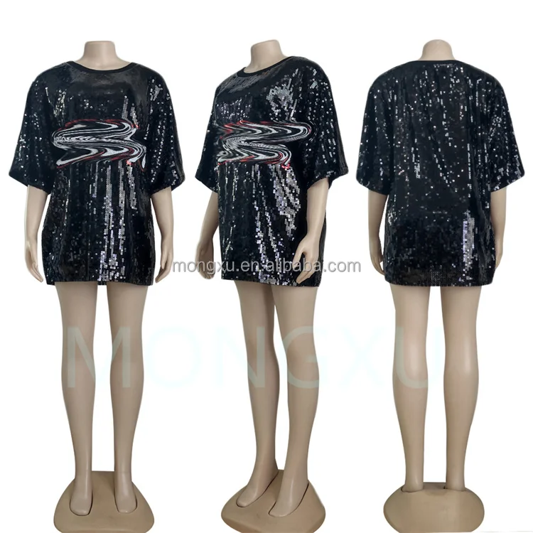 2023 Summer Women Short Sleeve Designer Letter Print Loose Glisten T-shirt Dress Women Clubwear Party Sexy Sequins Dresses