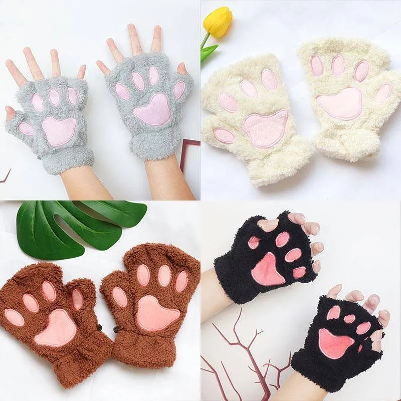 JSFUR  Kawaii Gloves Cat Paws Cosplay Faux Fur Plush Cat Gloves Lion Paws Fingerless Gloves for Girls Women