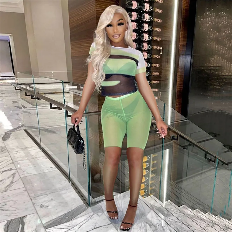 MD-2022061310    casual fashion short sleeve mesh printed top and shorts woman two piece set clothing