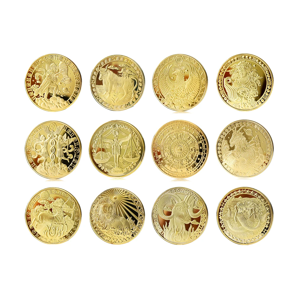 European fashionable gold lucky shiny sun rise 12 constellation coin
