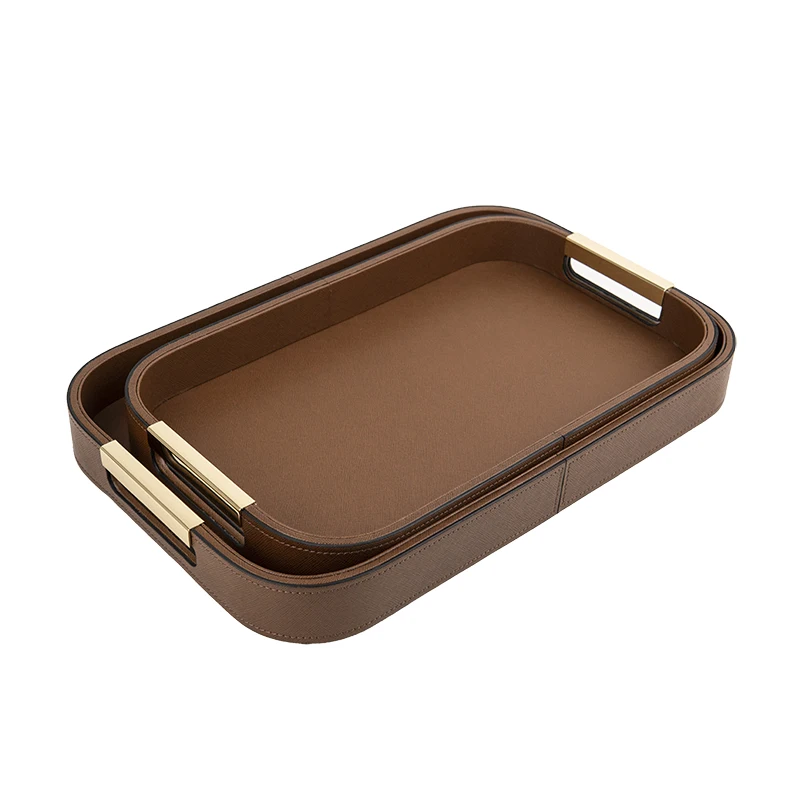 Amazon Hot Sale Wood Serving Tray with Yellow Metal Handles Great For Ottoman Food Breakfast Eating Tray Storage Tray