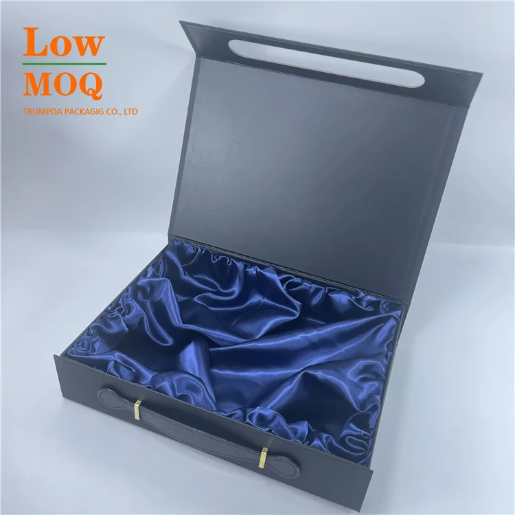 Customizable Logo Luxury Silk Soft Touch Black Paper Leather Handle Brief Case Packaging Box For Clothes Kerchief Coif Reusable