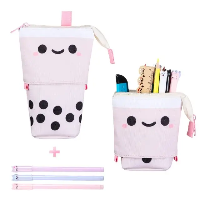 1 Set Cute Boba Milk Tea Telescopic Pen Bag Pen Pencil Holder Stationery Case Stand Up Pencil Case Pen Box Stationery Pouch Bag