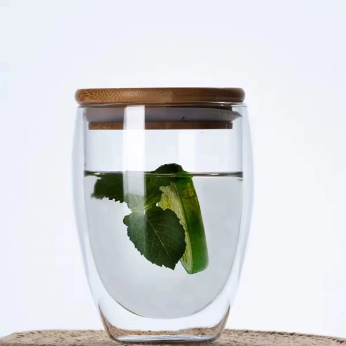 hot sale transparent unbreakable thick double wall glass tea coffee cups thermal with handle and wooden lid