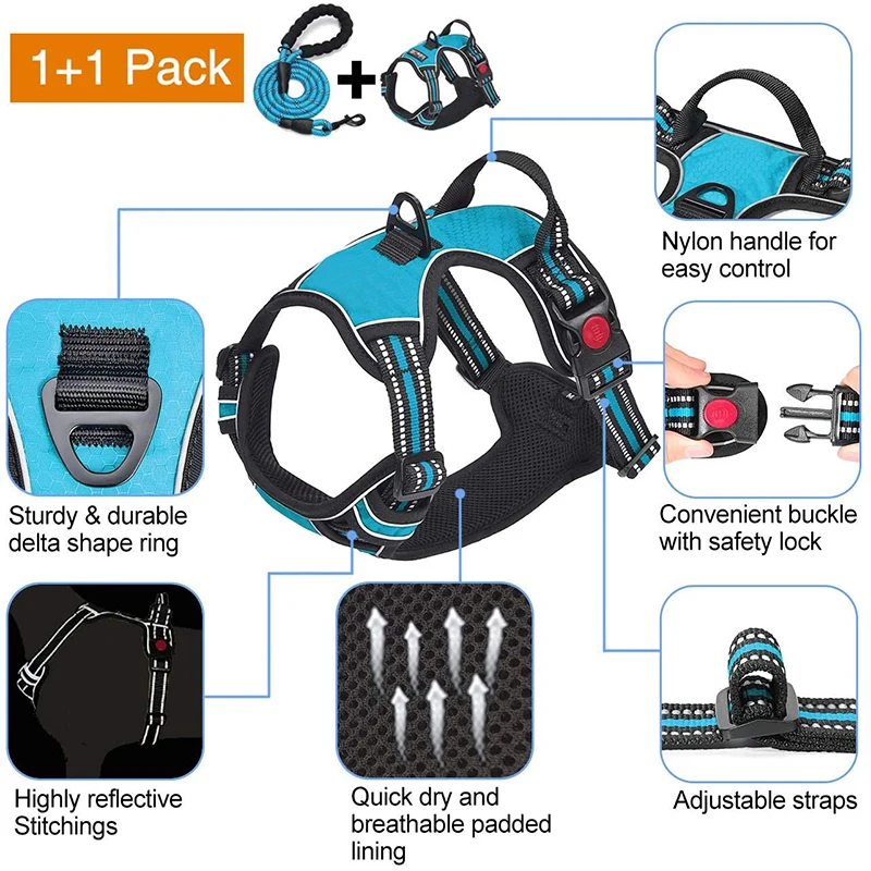 No Pull Dog Harness Adjustable Reflective Easy Control Dog Harness Leash Set