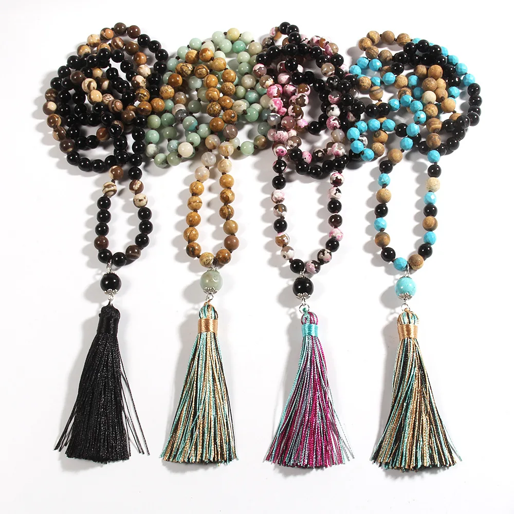2024 108 Pcs Tassel Rosary Natural Stone Beaded Long Necklace for Her Gift Jewelry