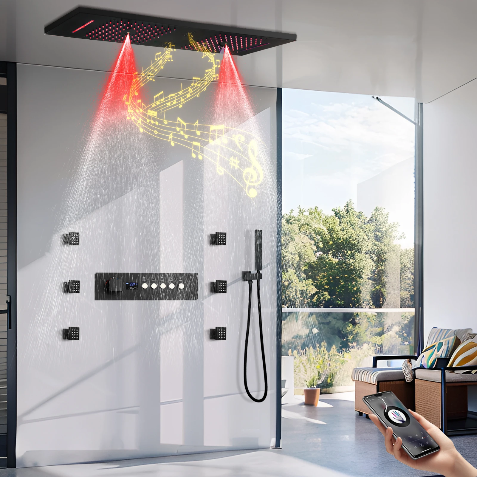 Smart Ceiling Mount 36*12inch Music LED Shower Head Rain Massage Thermostatic Concealed Shower System Set Bathroom