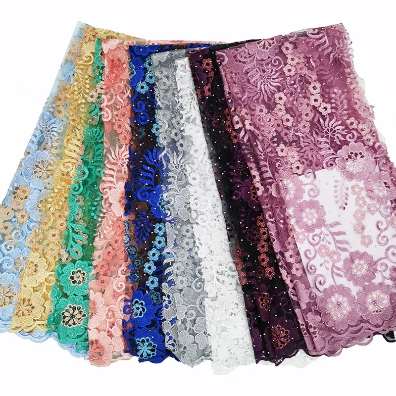 high quality factory price wholesale african embroidered lace fabric with shining stones