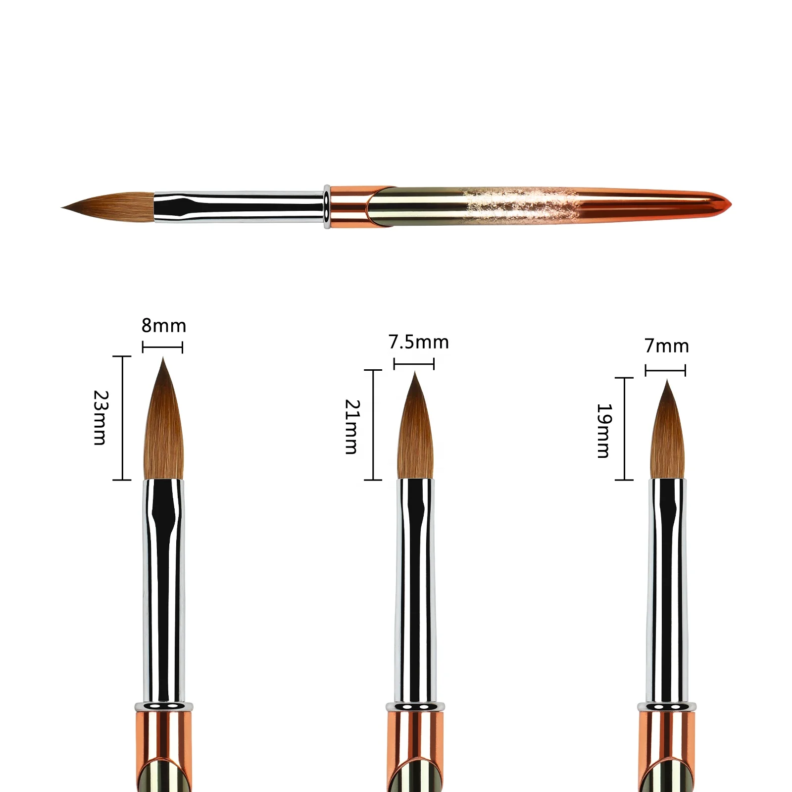 BQAN Top Quality Rose Gold Crimped Metal Handle Pure Kolinsky Acrylic Nail Brush Custom Logo