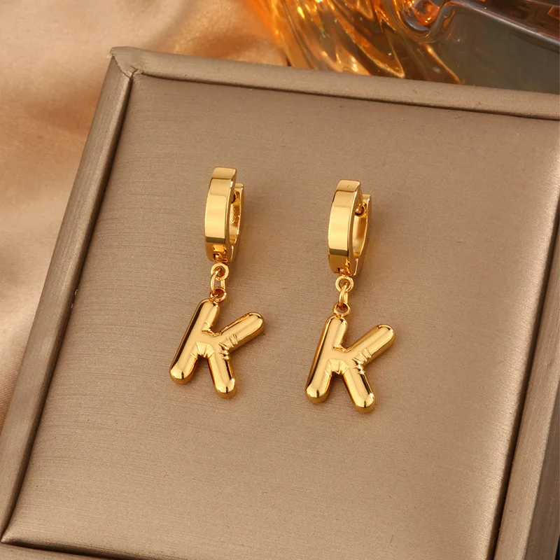 High Quality Stainless Steel 18K Gold Huggie Hoop Dangle Earrings 26 English Initial Alphabet Bubble Letter Drop Earrings Women