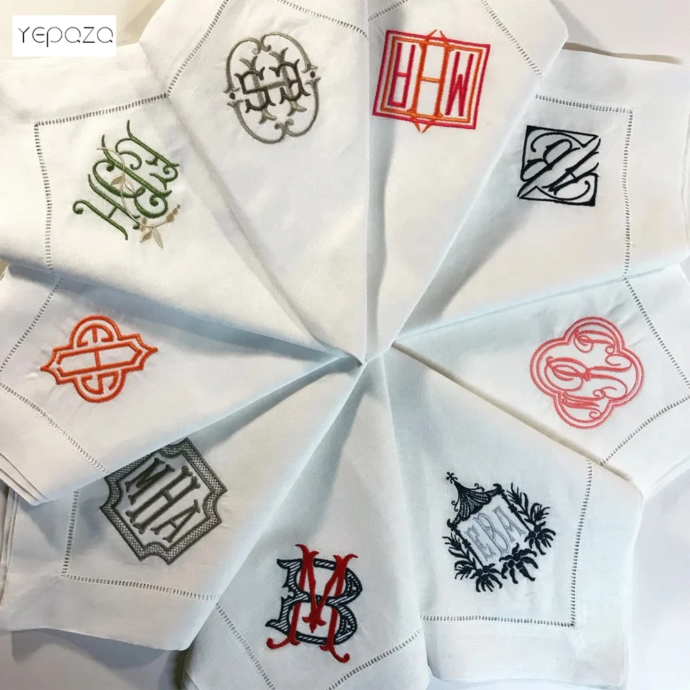 Factory price best selling custom Monogrammed design embroidery white cotton hemstitched cocktail napkin for promotion