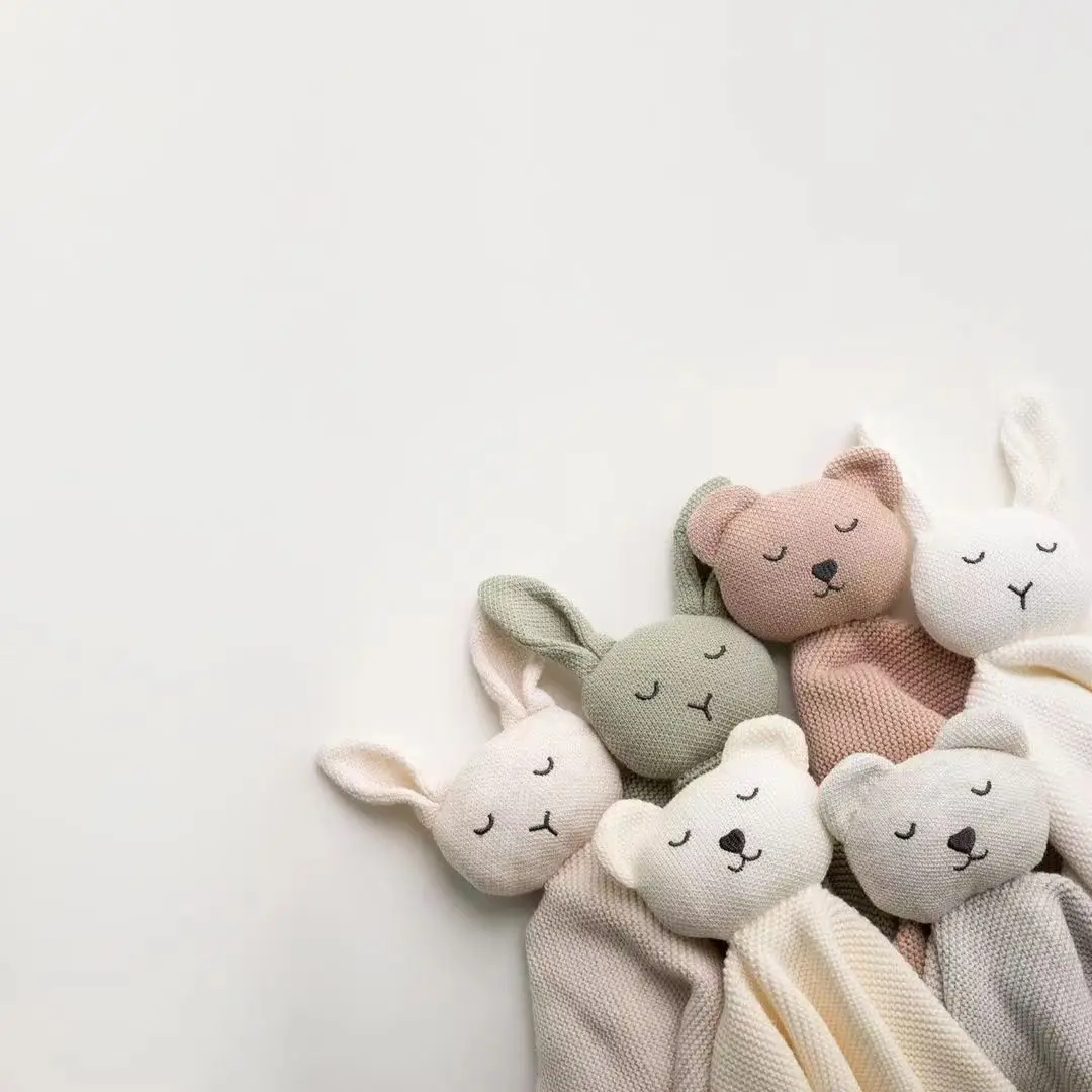 Ins hot sale soft 100% organic cotton bunny bear animal knitted baby comforter security blanket for newborn