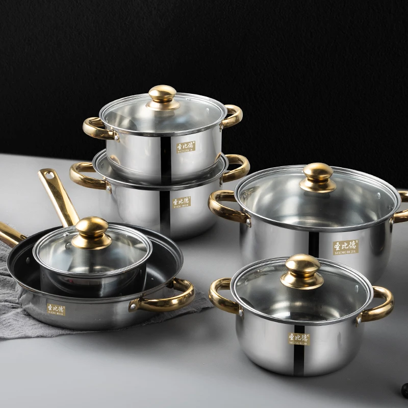 Stainless Steel Non Stick 12pcs Gold Handle Kitchen Cooking Pots Cookware Set Fry Pan