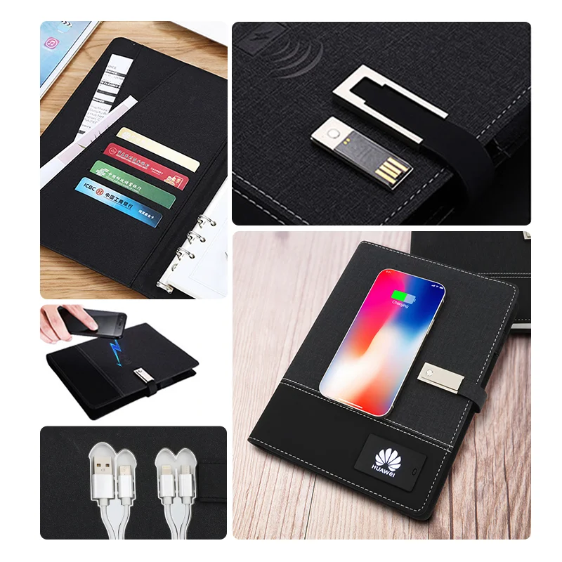 Multi-functional A5 Wireless Charging Notebook With speaker  USB Flash Drive Power Bank Leather Smart Notebook For Business Gift