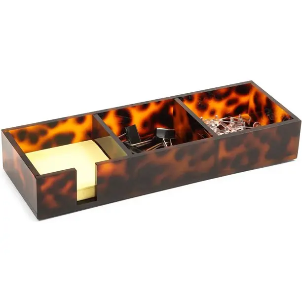 Bespoke Lucite tortoise Pattern Tray Tortoise Shell Acrylic Desk Organizer Sticky Note Holder with 3 Compartments