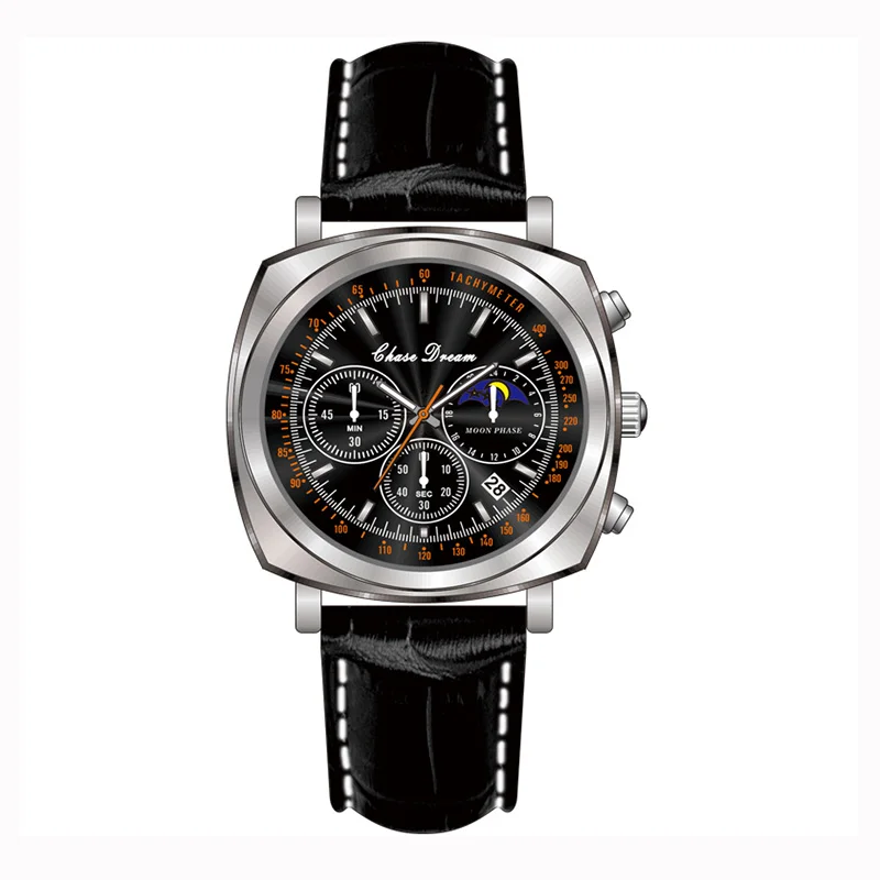 High Quality Quartz square watches men wrist Date moon phase luxury watches men Cow Leather Strap wrist watches for men