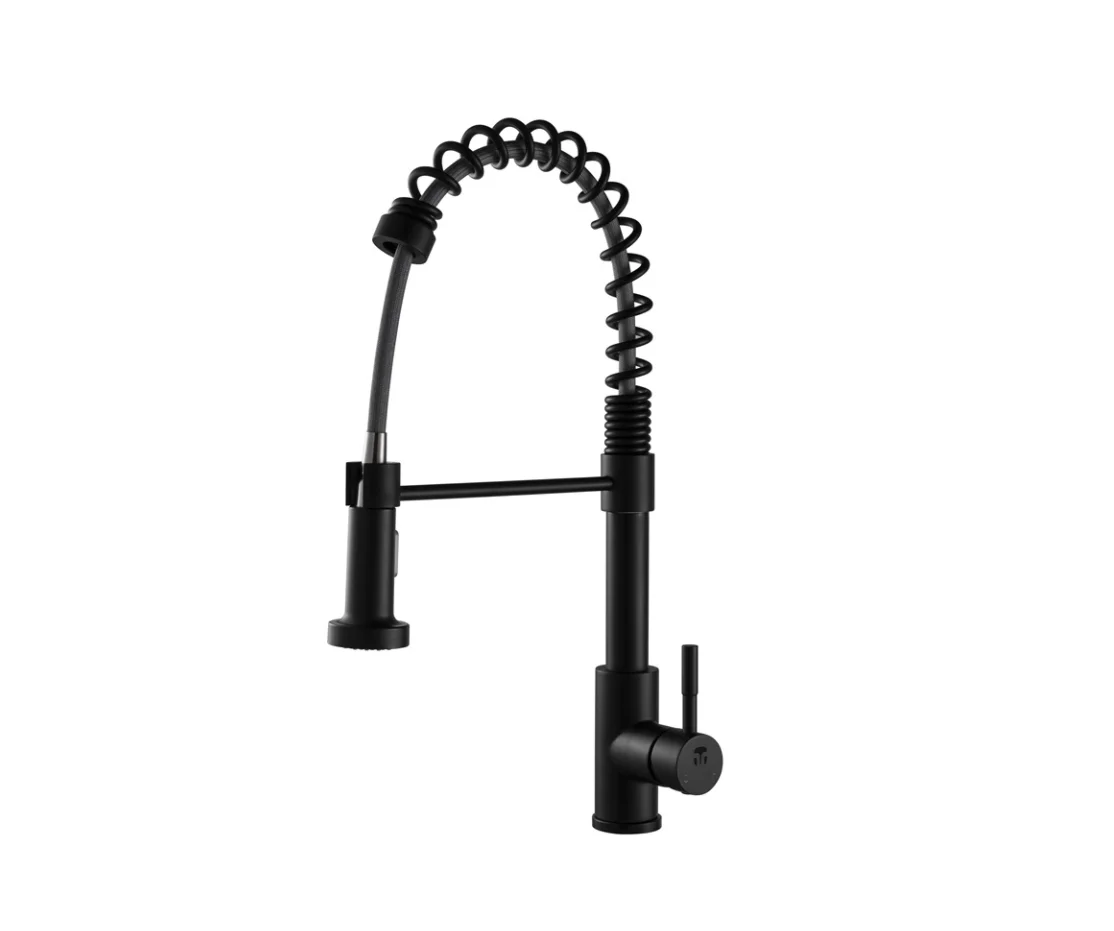 cupc modern sus304 matt black deck mounted single handle single hole flexible hose spiral spring pull out kitchen sink faucets