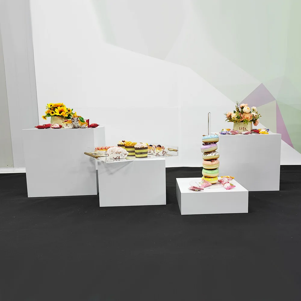 Set of 3 Glossy White Acrylic Cube Display Nesting Risers with Hollow Bottoms