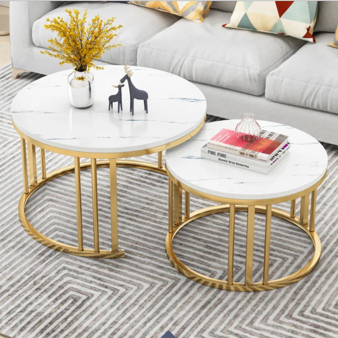 Living room furniture center stainless steel metal round nesting stone marble coffee table set luxury modern