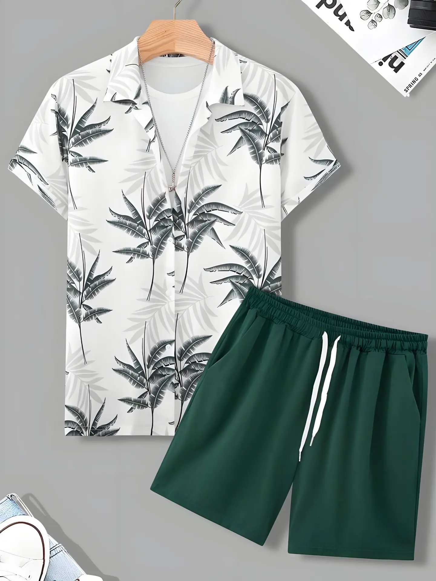 Short sleeve shirt Black and white striped Hawaiian print short sleeve shirt shorts suit for men