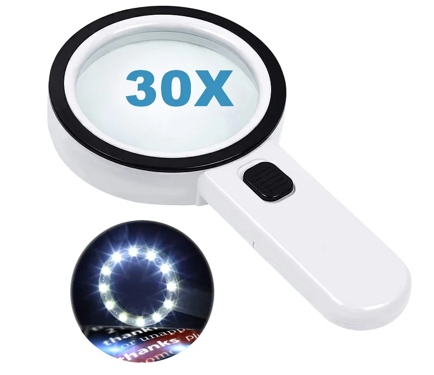 Magnifying Glass with Light, 30X Handheld Large Magnifying Glass 12 LED Illuminated Lighted Magnifier for Macular Degeneration