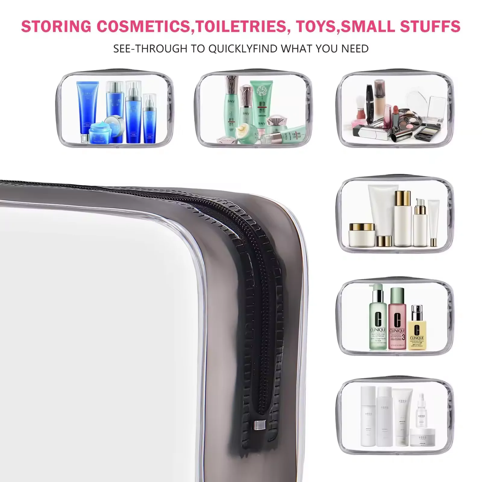 Custom Logo  Clear Make Up Organizer Pouches Tote Travel Toiletry Bags Transparent Pvc Cosmetic Makeup Bag