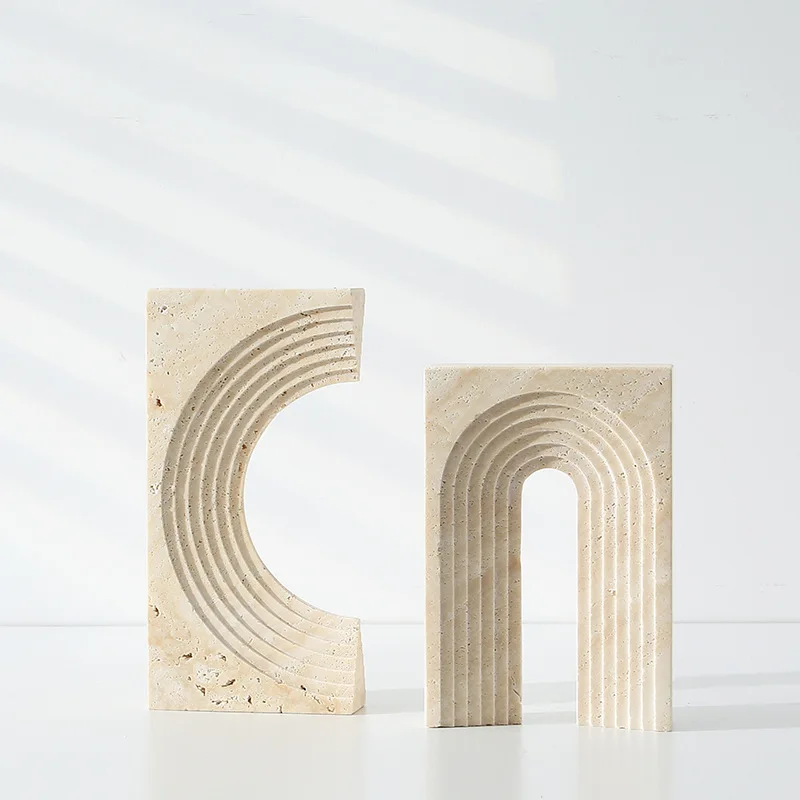 Beige travertine Art craft Marble geometric door-shaped square circle decor model