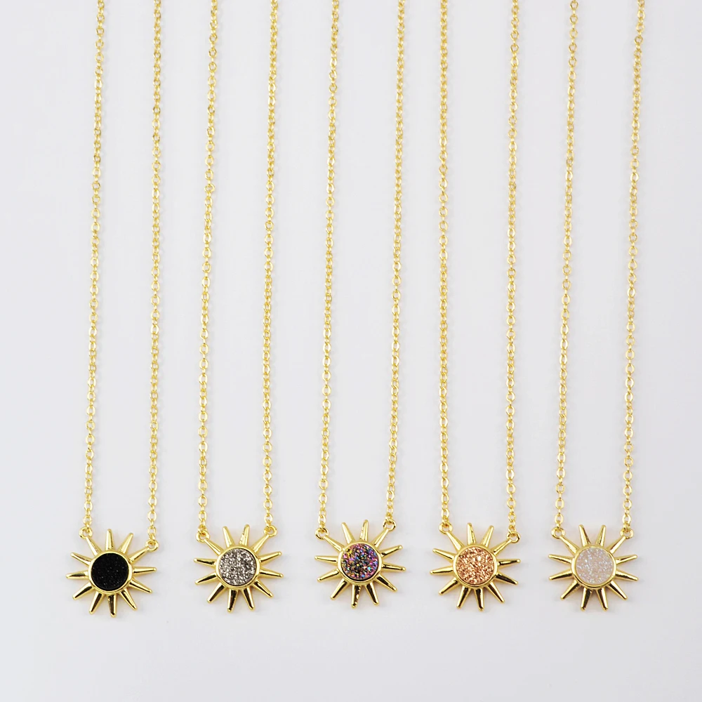 Fashion 18k gold plated women natural agate drusy pendant necklace waterproof sun druzy necklace