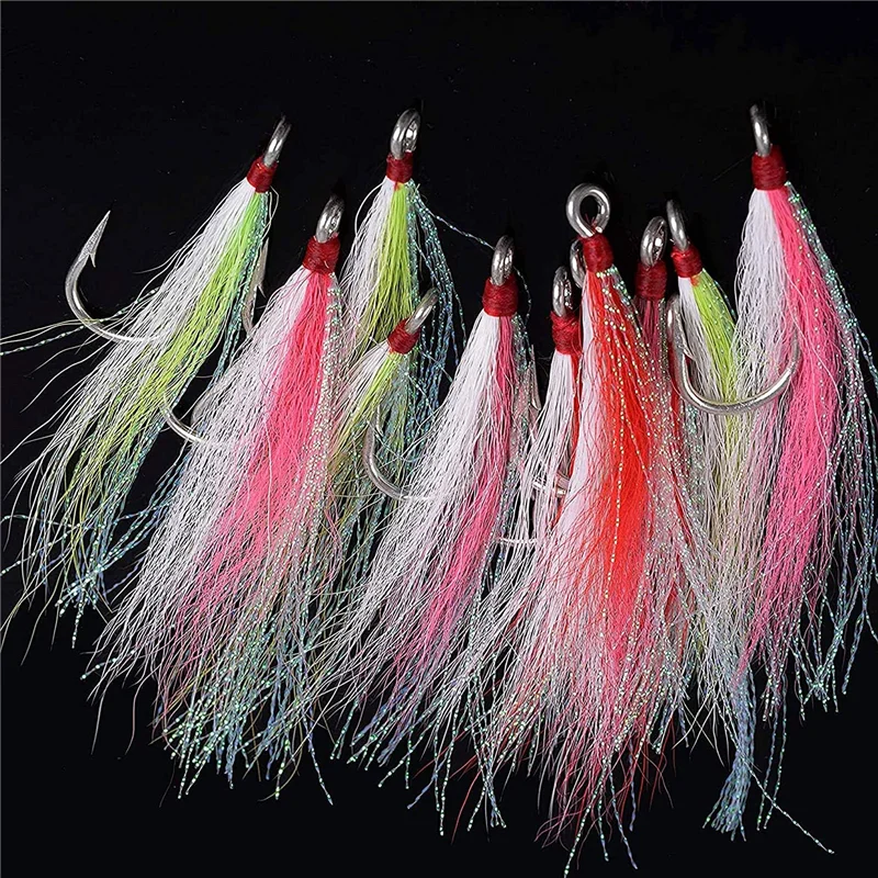 Bucktail Teasers Fishing Hook Saltwater Fishing Plugs Lures Teaser Tail Fluke Rig Super Strong Hooks 10pcs/bag