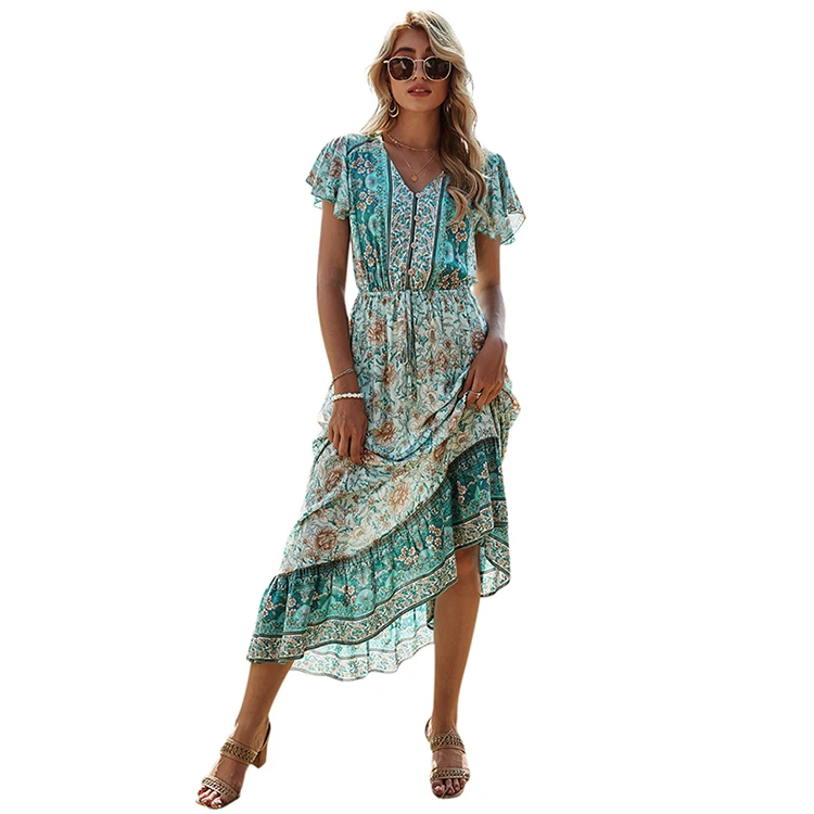 New Fashion Sexy Casual Leisure Style Printed Dress V Neck Summer Casual Women Dress