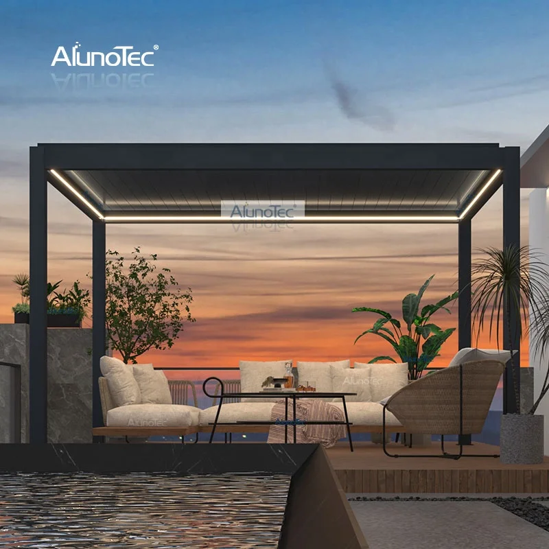 AlunoTec Waterproof Louver Roof Metal Pergola Bioclimatic 4x3 Aluminum Pavilion Modern Outdoor Gazebo with Heaters