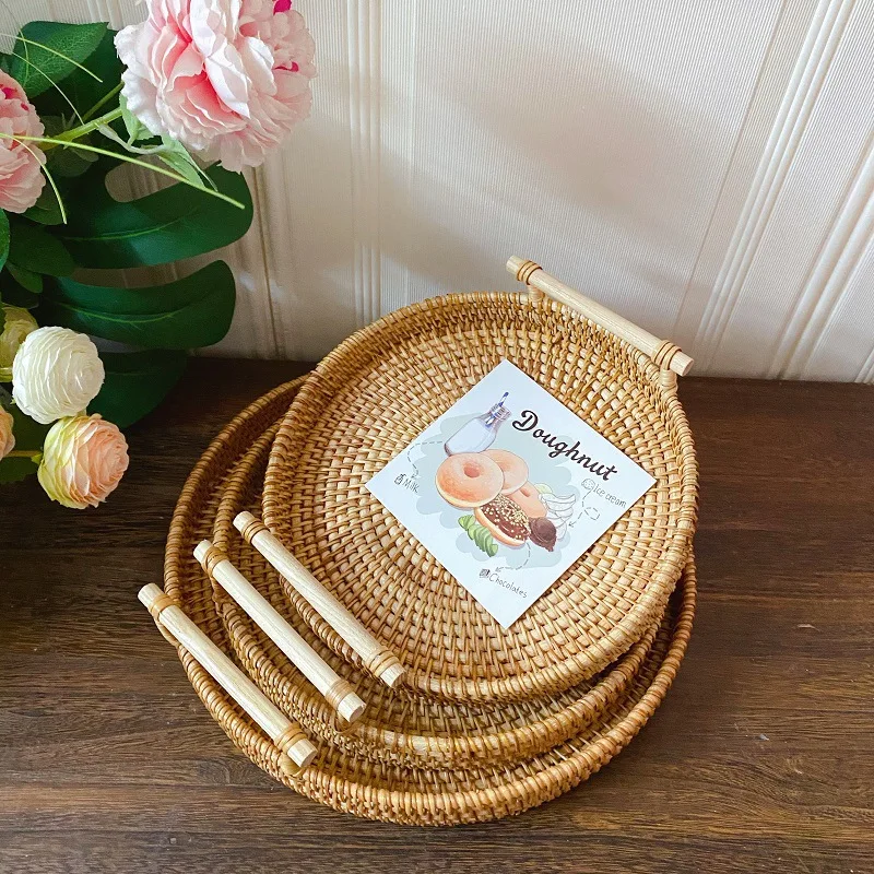 Vietnamese rattan basket weaving storage snack small round snack fruit plate retro rural style round small basket