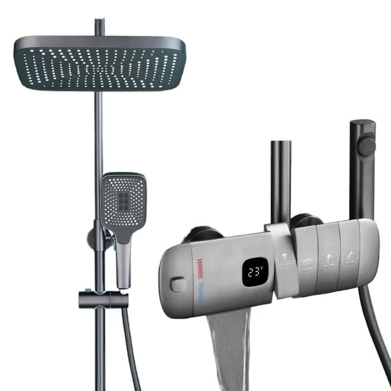 Digital Display 4 Function Temperature Shower Set Mixer System Full Piano Square Brass Jet Pattern Pause Spray Bathroom Use