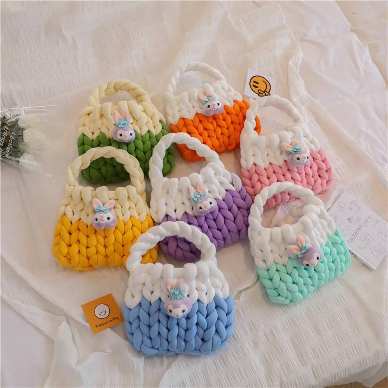 Girlfriend Gift Hand-woven Coarse Wool Bucket bag Spring Outing Crochet Bag Knitted Contrast Color Tote Bag