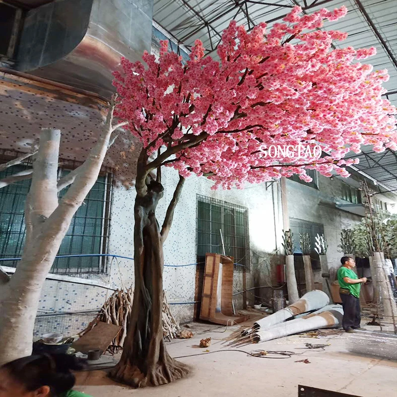 Wholesale Customized Large Artificial Cherry Blossom Tree Against Wall Pink Cherry Blossom Indoor Outdoor Decoration Tree