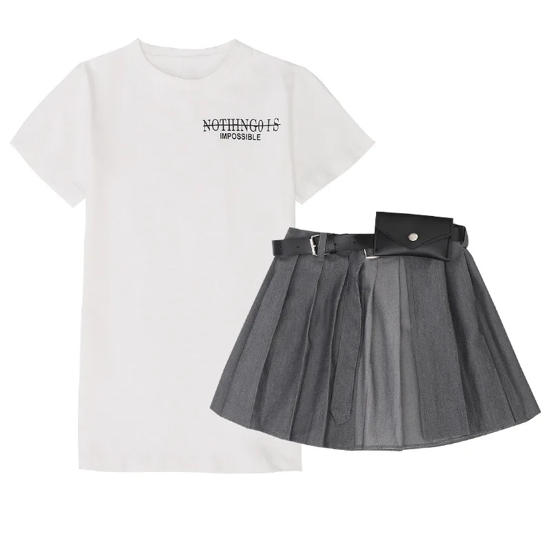 Top Leader New fashion teen Girls Clothing set letter printed short sleeve T-shirt+pleated skirt+waist bag set clothing for kids