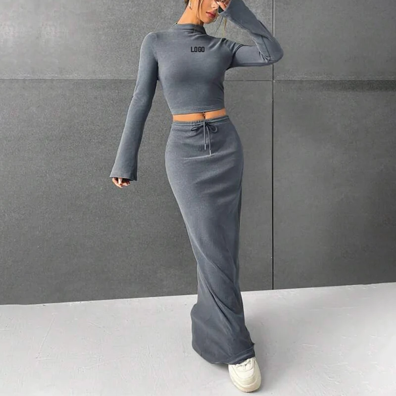 F230699 Custom Women Fall Winter Fashion Clothes Two Piece O-neck Sexy Long-sleeved Crop Top Shirt and Long Maxi Skirt Dress Set