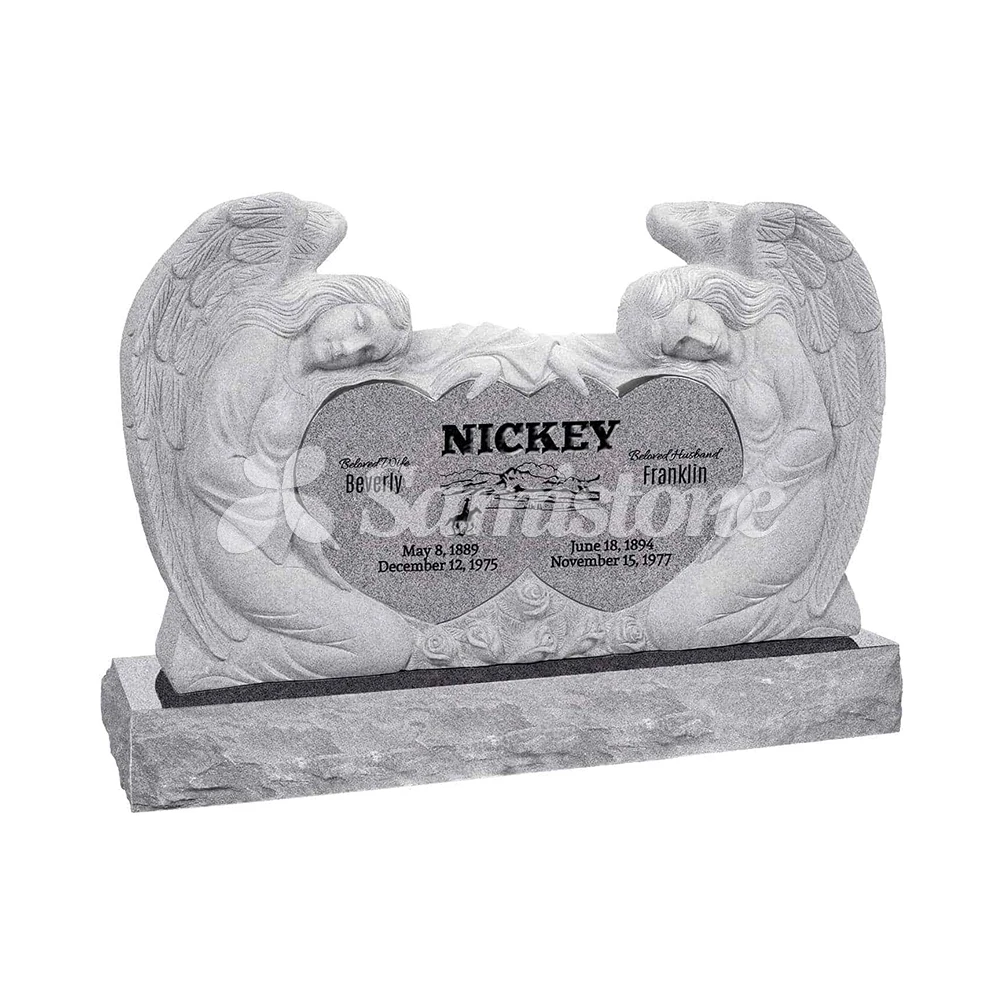 50inchx8inchx30inch Double Angel with Heart Upright Headstone American Style Tombstone and Monument Carvings