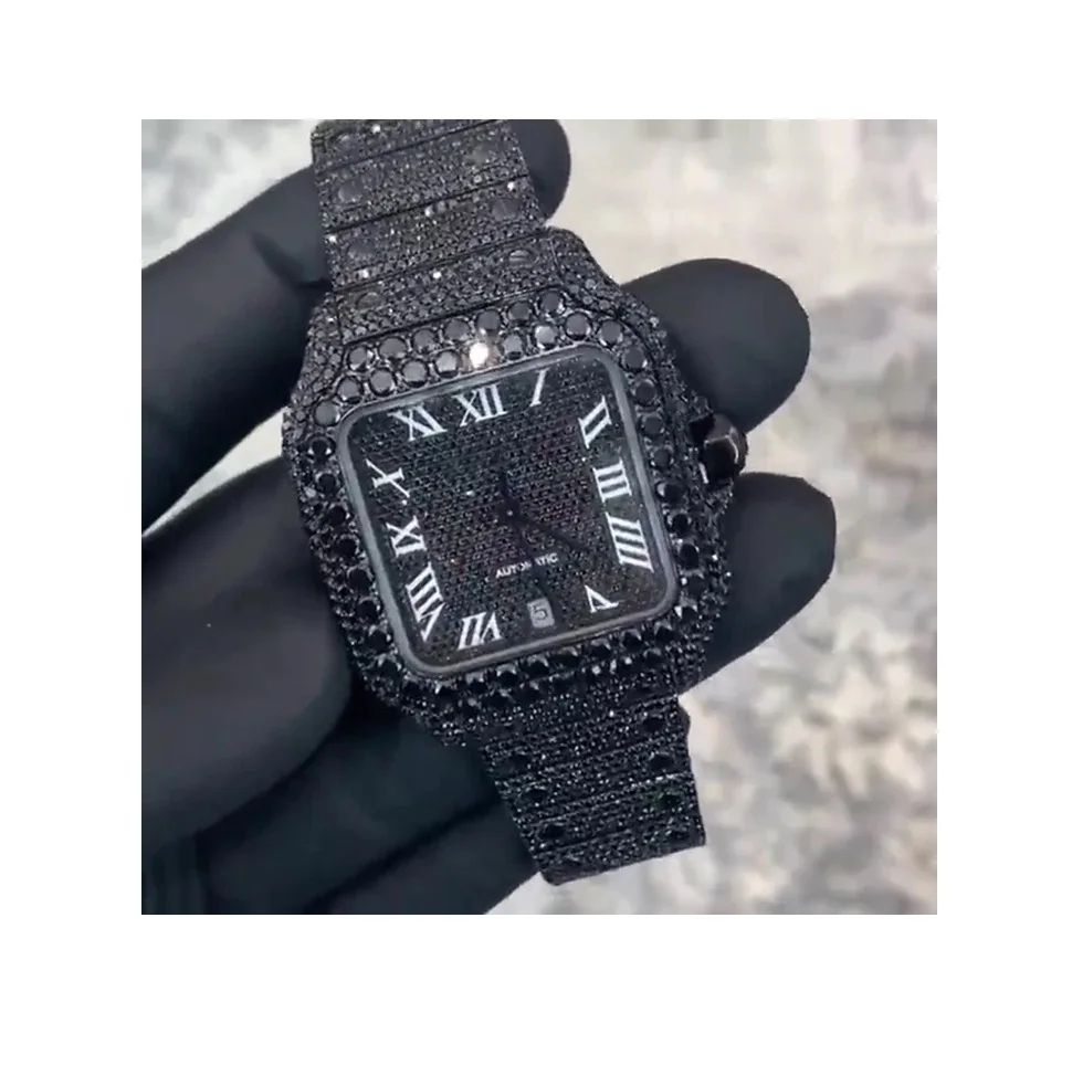 Top Quality Men Iced Out Black Diamond Wrist Watch for Gifting Propose Moissanite Watch from India Export