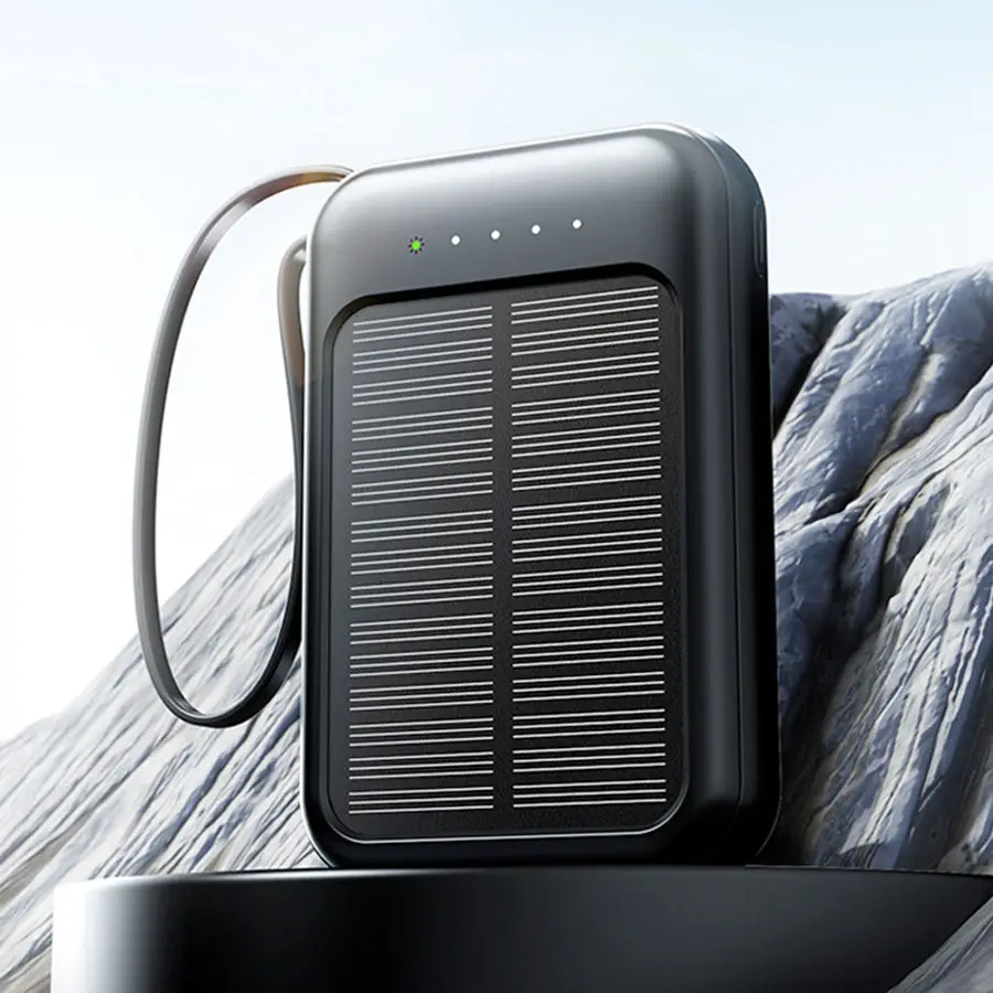 2025 Trends Portable Mini Slim 10000mAh Solar Powerbanks Travel Charger Built-In Charging Cables External Battery Power Bank