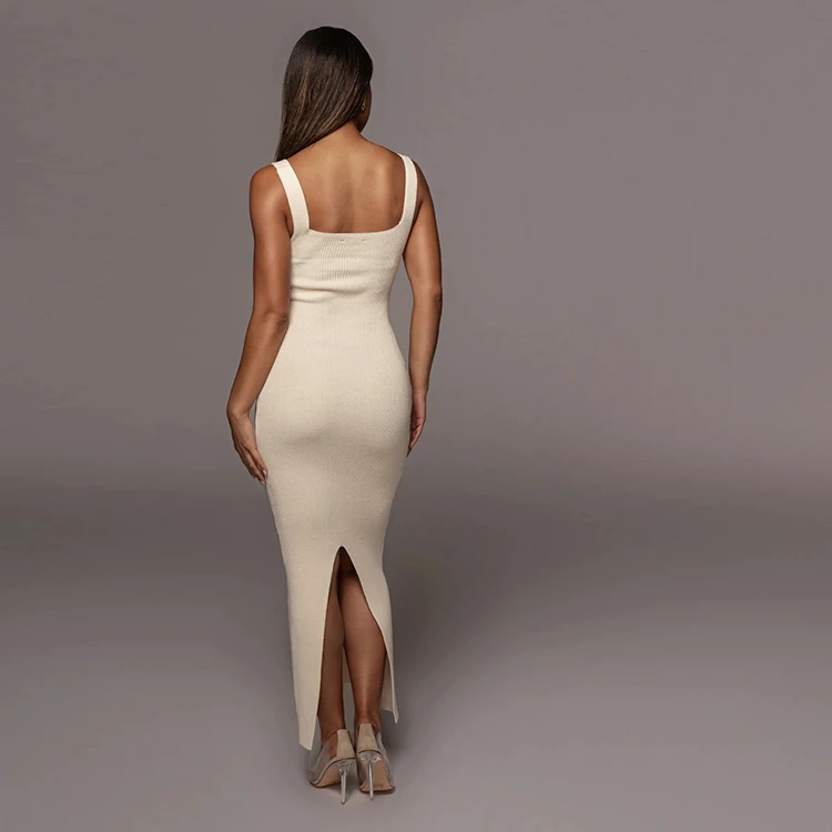 HL factory manufacturer high quality solid color 100% cotton sweater dresses wholesale custom elegent women maxi dress