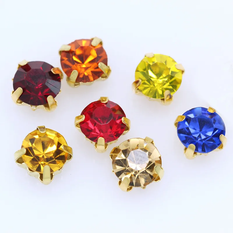 BWEAR Round Colorful Glass Chaton in Gold Prong Sew On Strass Beads Crystals Rhinestones With plated Flatback Claw For Clothing