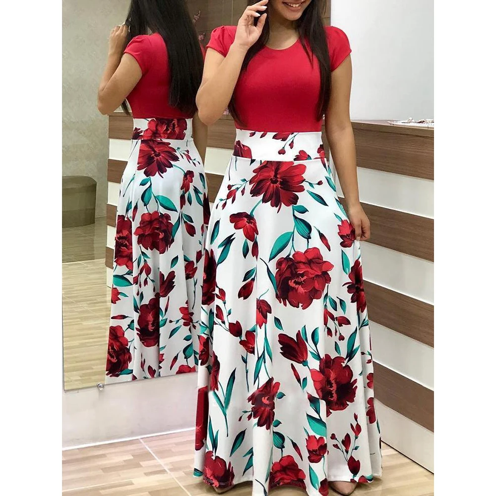 Spring Autumn Casual Robe Elegant Ladies Party Long Maxi Dress Women Short Sleeve Floral Print Dress