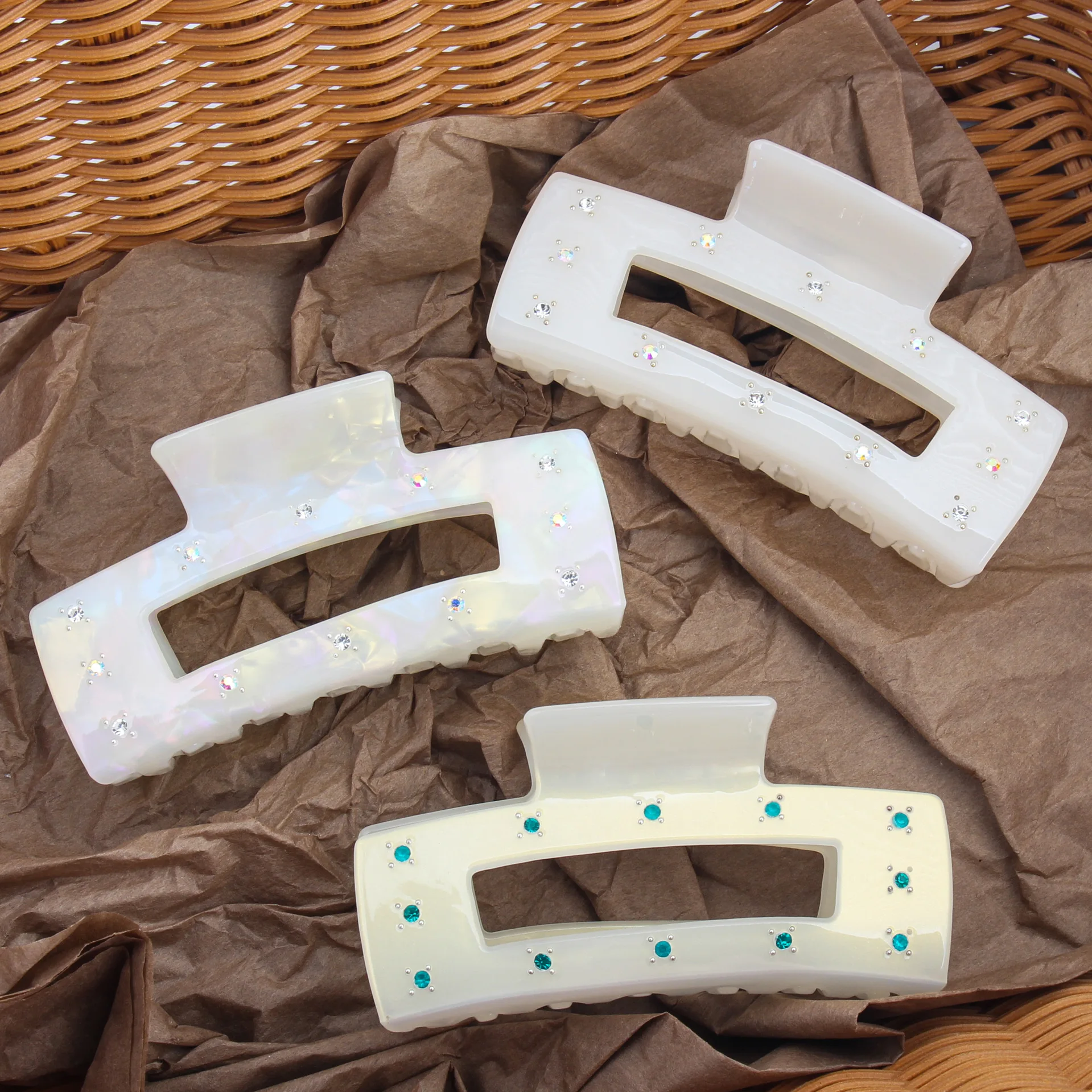 New hollow square inlaid diamond acetic acid clip fashion temperament shark clip hairpin hair accessories