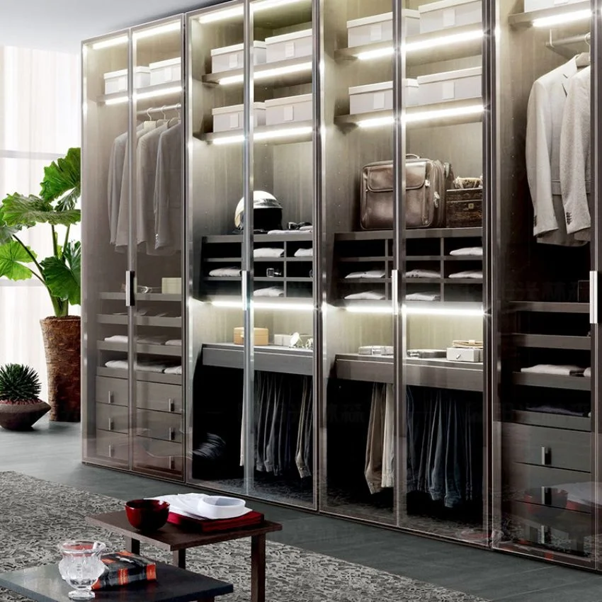 Customized Modern Tempered Glass Sliding Door Bedroom Closet Wardrobes with LED Lights