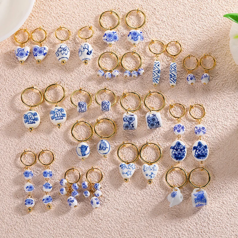 Retro Chinese Style Blue Ceramic Earrings With Printed Pattern Stainless Steel Qinghua Porcelain Earrings
