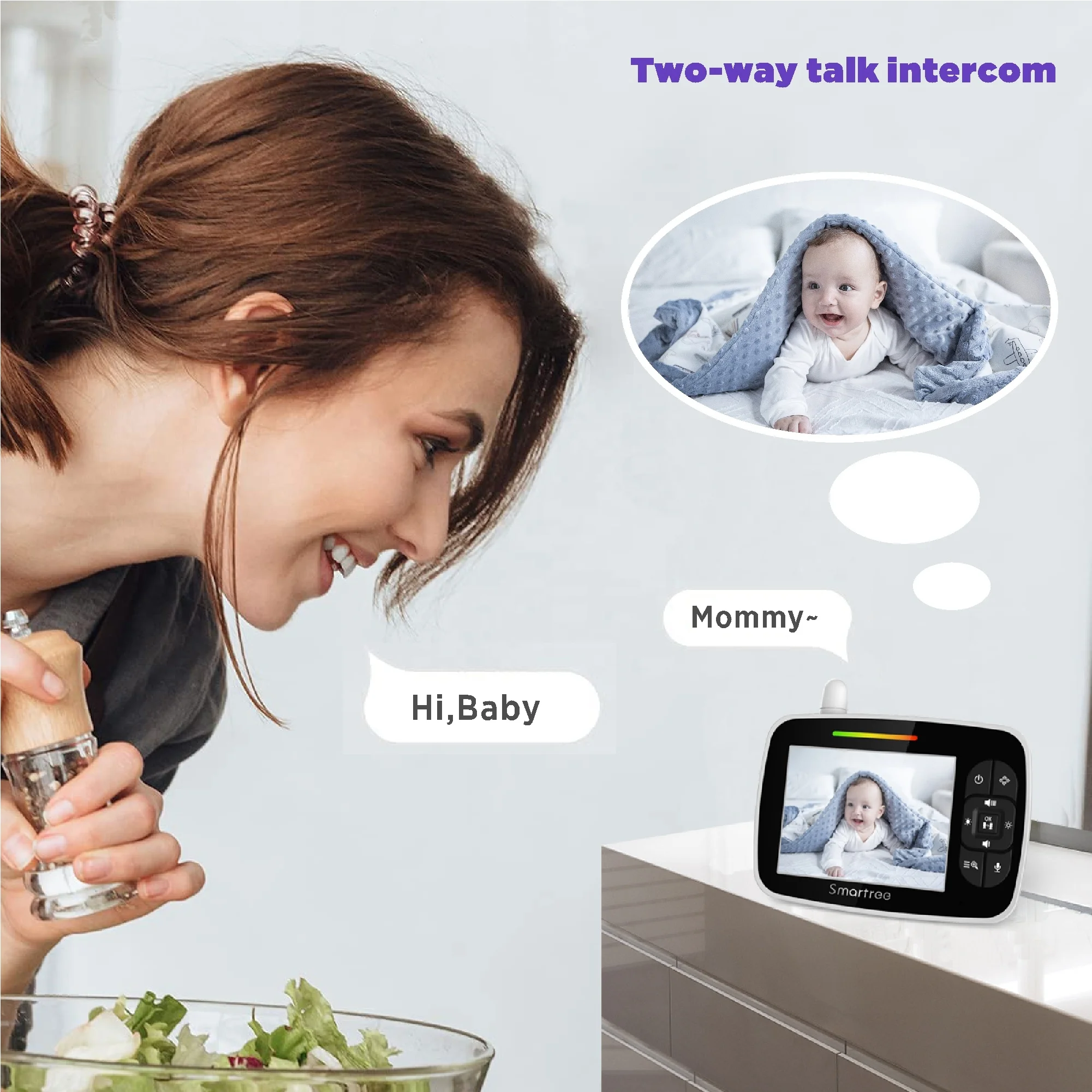 Smartree Monitor Baby Upgraded Smart 3.5Inch FHD Kids Phone Alarm Setting Baby Monitor for  Nursery